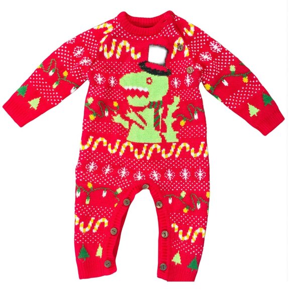 Baby Dinosaur Christmas 12M Knit Romper With Holiday Design and Button Closure - Picture 1 of 4